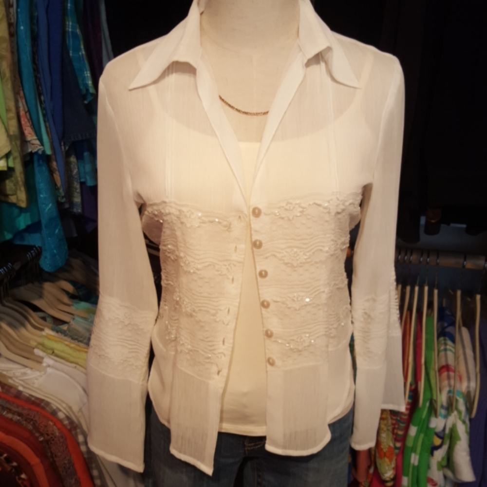 DRESS-U ♡ Vintage Elegant Sheer Flare Ornate Embellished Beaded Lacy Blouse S